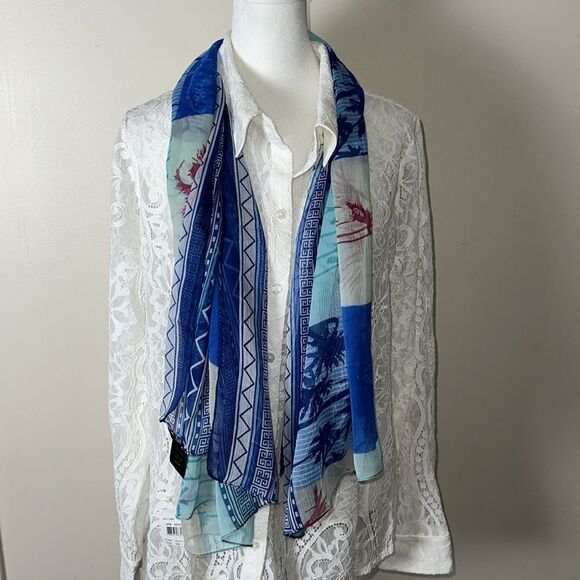 kensie Blue Pink Green White Sheer Square Patch Tropical Print Square Scarf Wrap - Picture 4 of 10